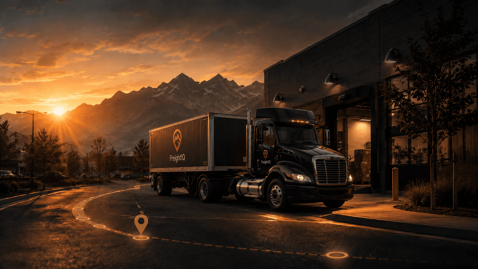 A FreightIQ delivery truck approaching a receiving facility at sunrise